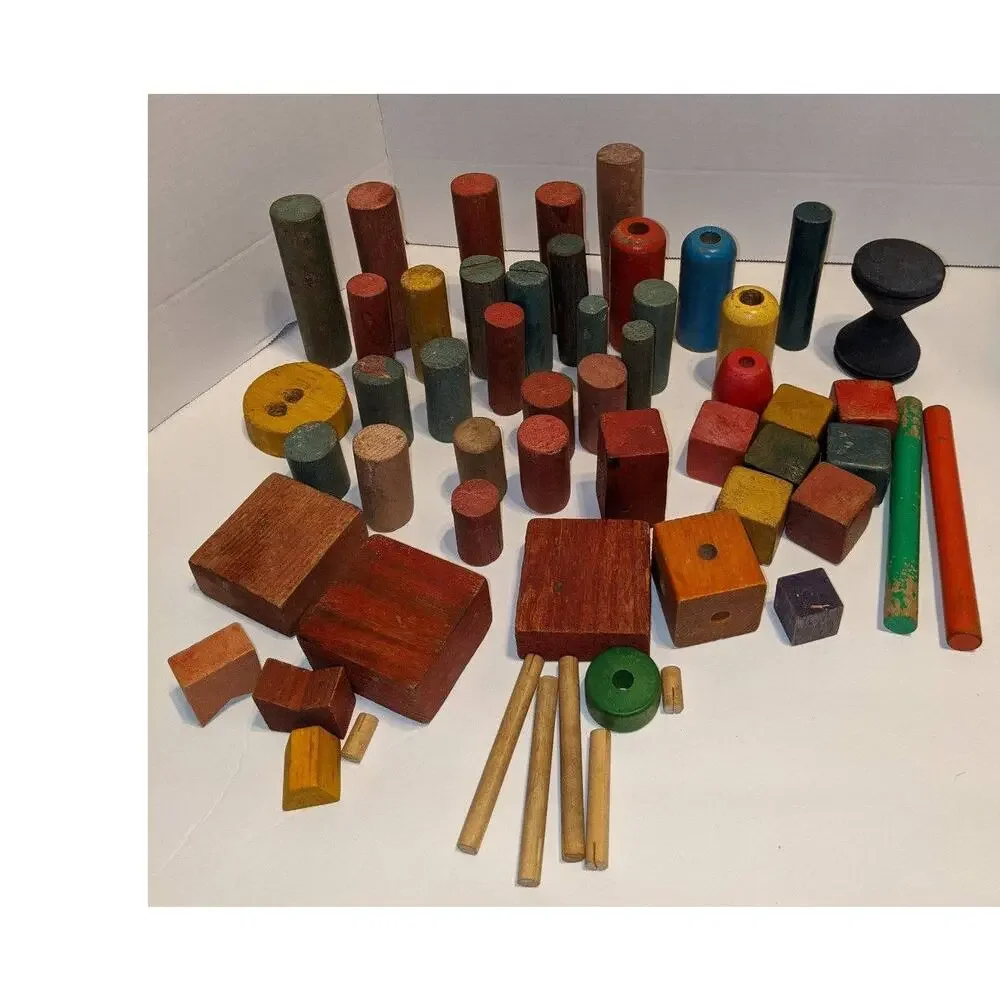 Lot Vintage Antique Children's Wooden Building Blocks Colored Scandinavian Rare